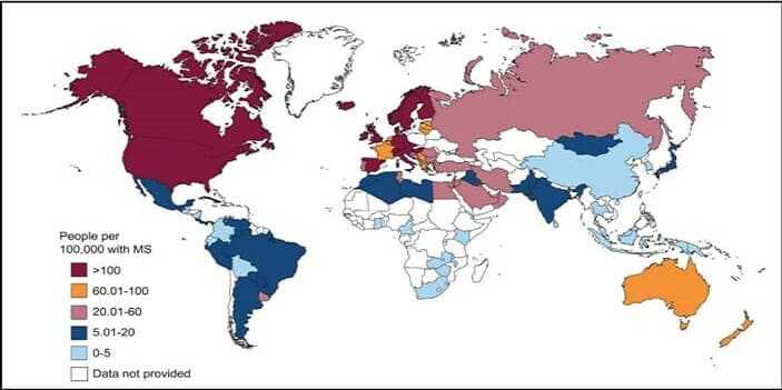 The geographical distribution of multiple sclerosis per 100,000 population