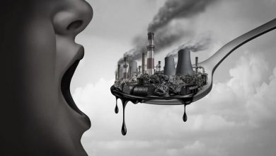 pollution and toxic pollutants inside the human body and eating contaminated food as an open mouth ingesting industrial toxins