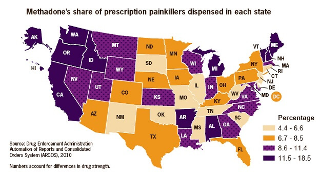 methadone's share of prescription painkillers dispensed in each state